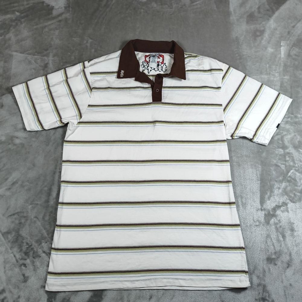 Vintage Split Polo Shirt Mens XL Striped Surf Skater Punk Grunge Embroidered Y2k